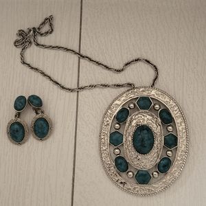 Alice Caviness Silver and Torquise Necklace  Pendant and Clip on Earrings